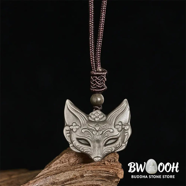 Buddha Stones Relief Fox Design Silver Sheen Obsidian Ice Obsidian Protection Necklace Pendant - BWOOOH - Necklaces &amp;