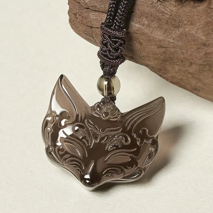 Buddha Stones Relief Fox Design Silver Sheen Obsidian Ice Obsidian Protection Necklace Pendant - BWOOOH - Ice