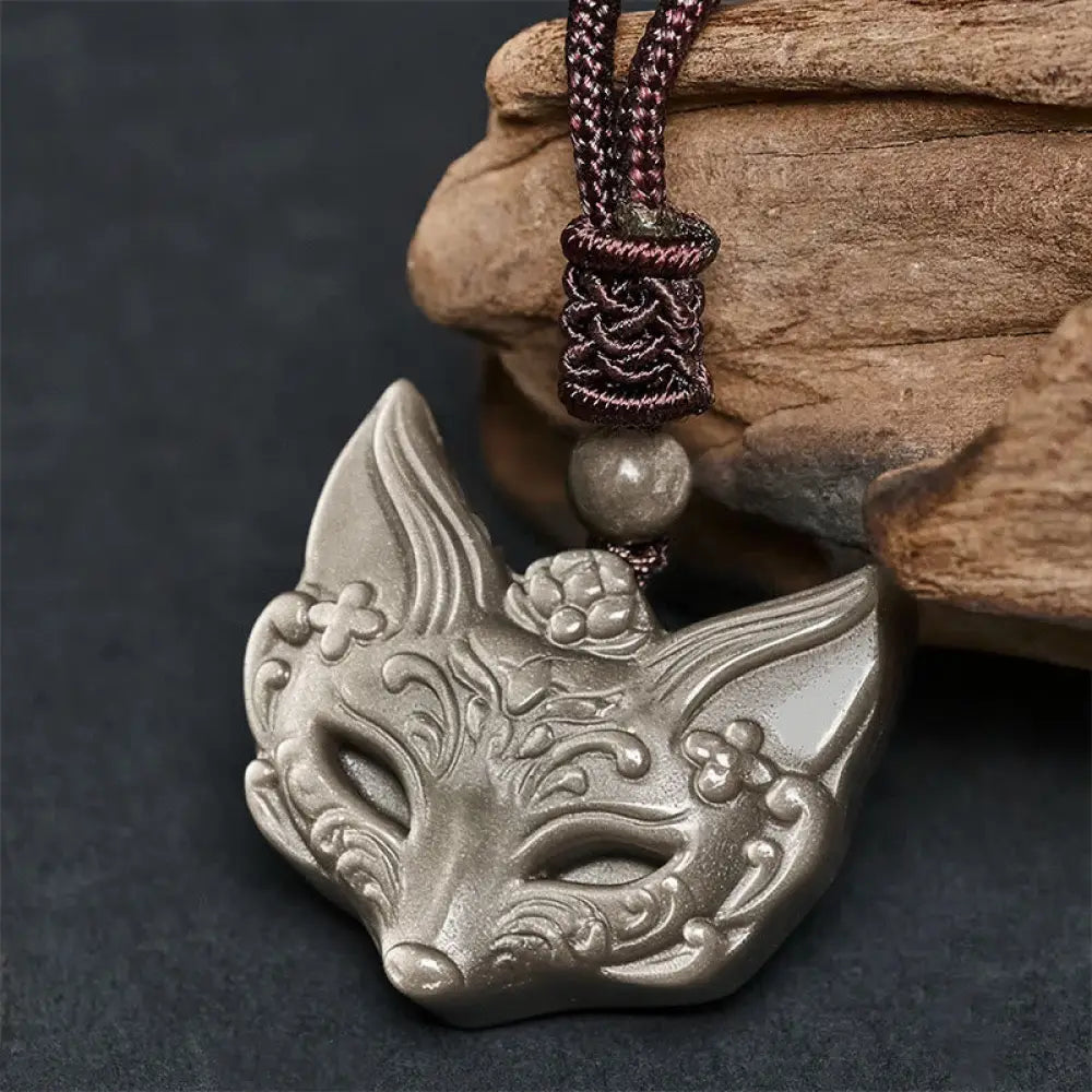 Buddha Stones Relief Fox Design Silver Sheen Obsidian Ice Obsidian Protection Necklace Pendant - BWOOOH - Silver Sheen