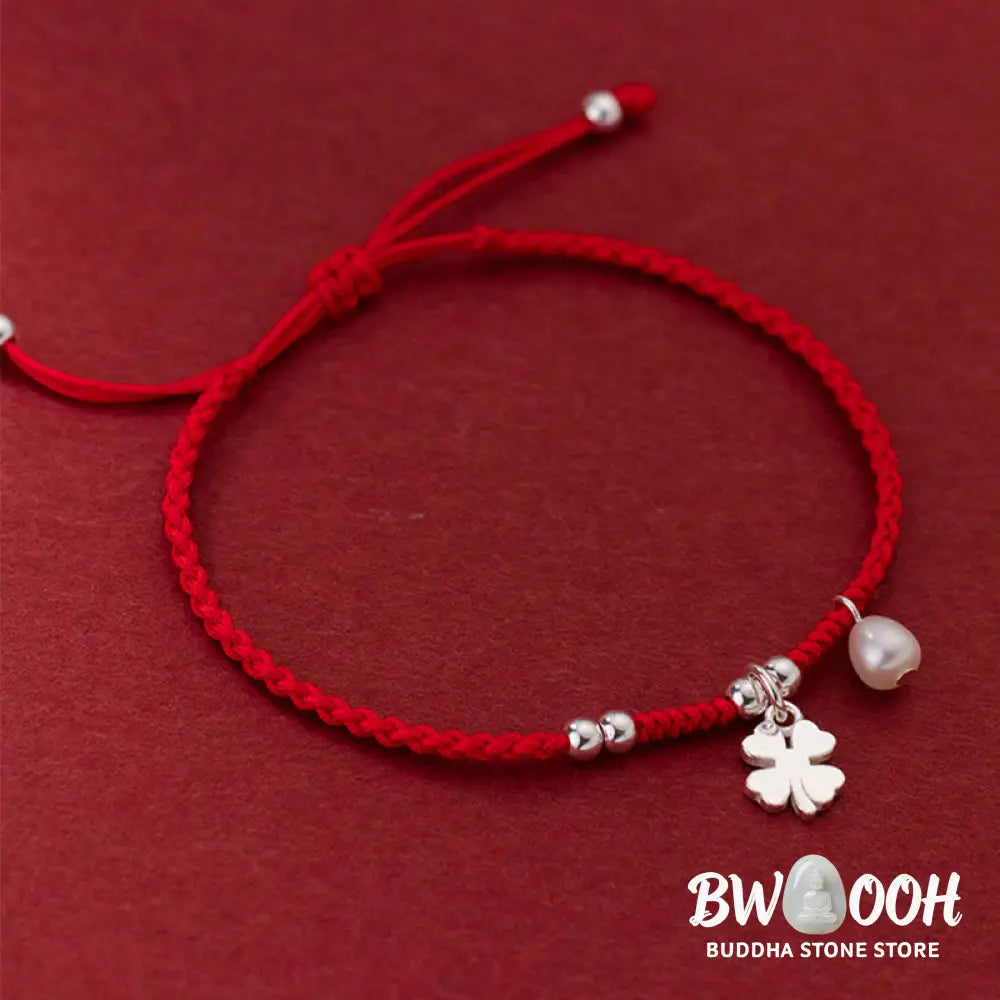 Buddha Stones Retro 925 Sterling Silver Four Leaf Clover Pearl Luck Red String Bracelet - 925 Sterling Silver(Wrist