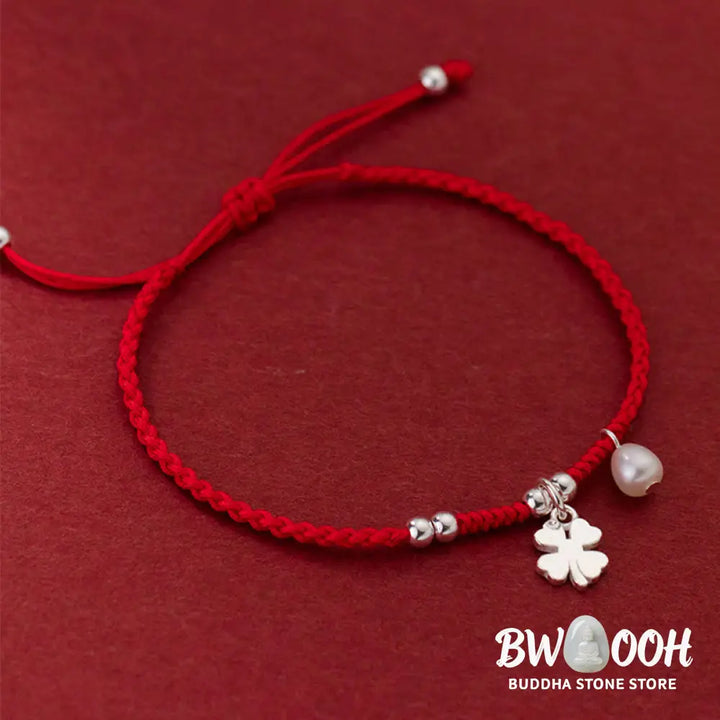 Buddha Stones Retro 925 Sterling Silver Four Leaf Clover Pearl Luck Red String Bracelet - 925 Sterling Silver(Wrist