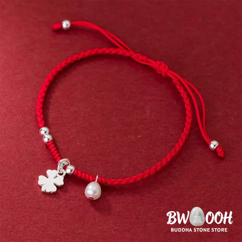 Buddha Stones Retro 925 Sterling Silver Four Leaf Clover Pearl Luck Red String Bracelet - 925 Sterling Silver(Wrist