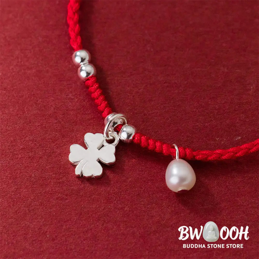 Buddha Stones Retro 925 Sterling Silver Four Leaf Clover Pearl Luck Red String Bracelet - 925 Sterling Silver(Wrist