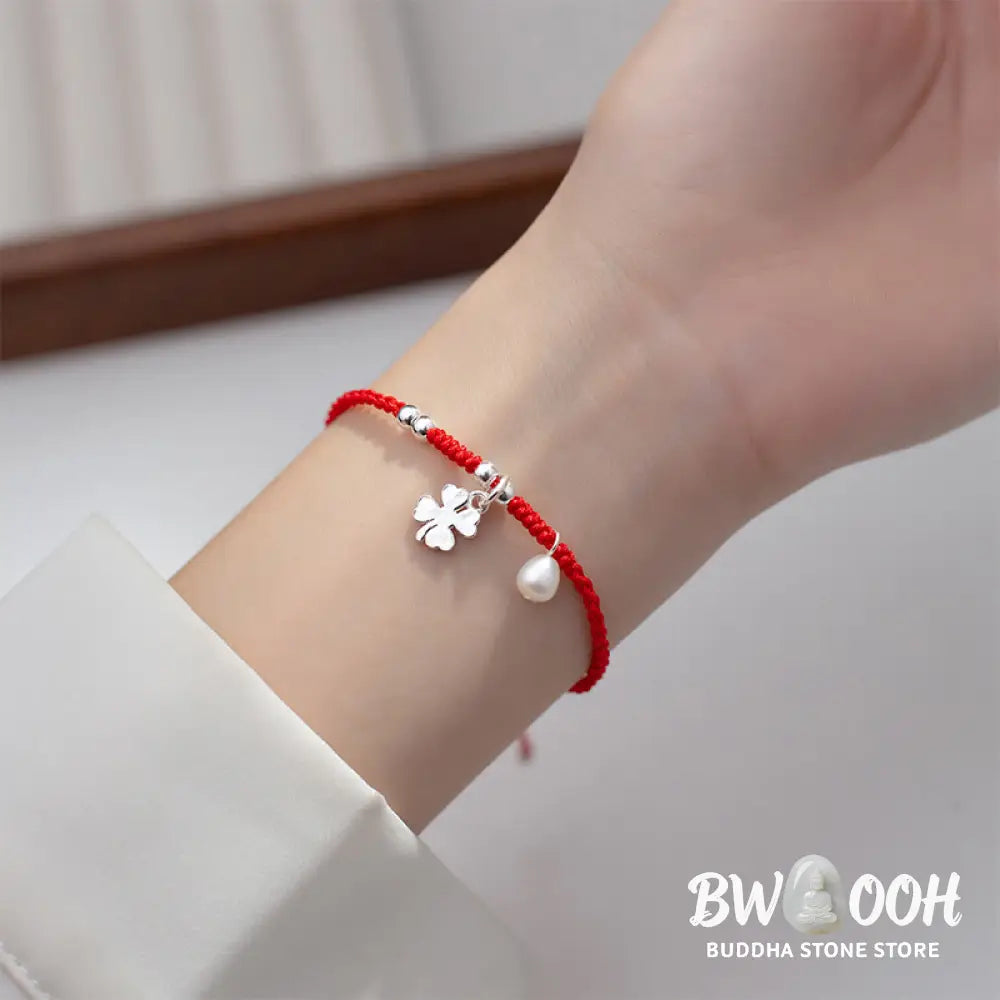 Buddha Stones Retro 925 Sterling Silver Four Leaf Clover Pearl Luck Red String Bracelet - 925 Sterling Silver(Wrist