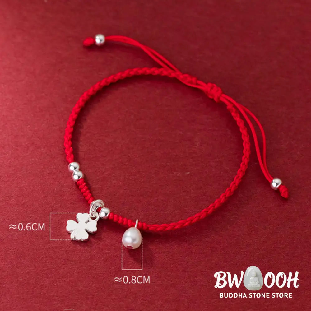 Buddha Stones Retro 925 Sterling Silver Four Leaf Clover Pearl Luck Red String Bracelet - 925 Sterling Silver(Wrist