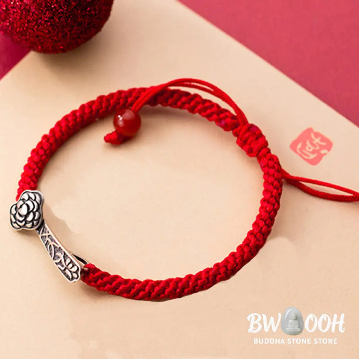Buddha Stones Retro 925 Sterling Silver Ruyi As One Wishes Red String Braided Luck Bracelet - 925 Sterling Silver(Wrist