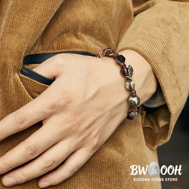 Buddha Stones Retro 925 Sterling Silver Silver Sheen Obsidian Transport Rope Handmade Braided Bracelet - BWOOOH
