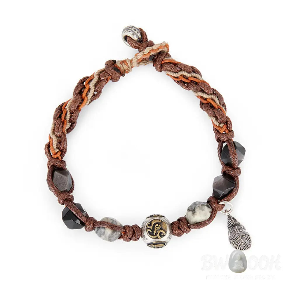 Buddha Stones Retro 925 Sterling Silver Silver Sheen Obsidian Transport Rope Handmade Braided Bracelet - BWOOOH
