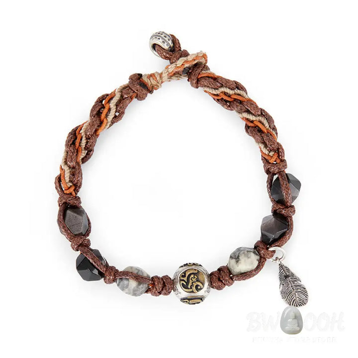 Buddha Stones Retro 925 Sterling Silver Silver Sheen Obsidian Transport Rope Handmade Braided Bracelet - BWOOOH