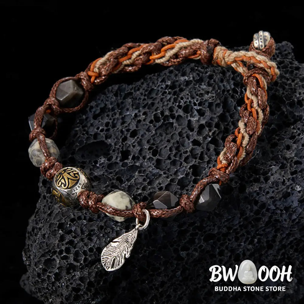 Buddha Stones Retro 925 Sterling Silver Silver Sheen Obsidian Transport Rope Handmade Braided Bracelet - BWOOOH