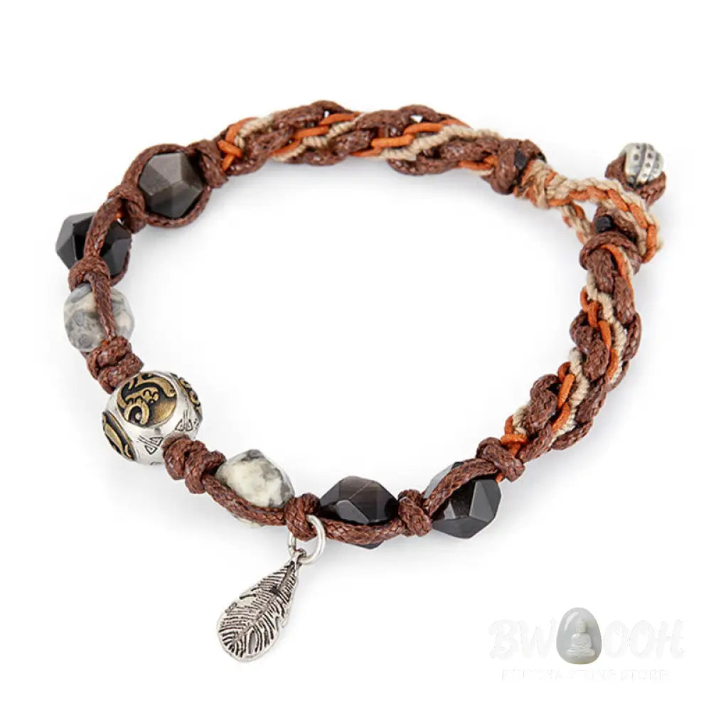 Buddha Stones Retro 925 Sterling Silver Silver Sheen Obsidian Transport Rope Handmade Braided Bracelet - BWOOOH