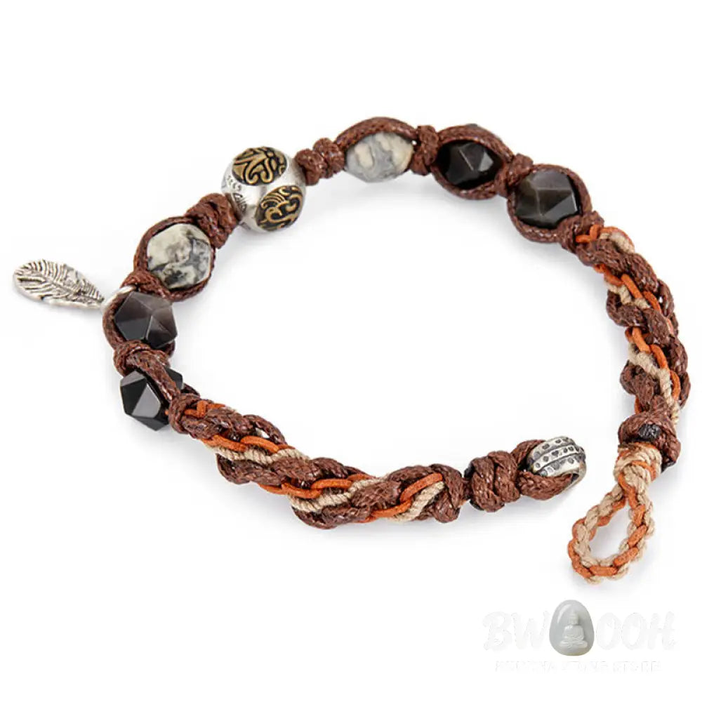 Buddha Stones Retro 925 Sterling Silver Silver Sheen Obsidian Transport Rope Handmade Braided Bracelet - BWOOOH