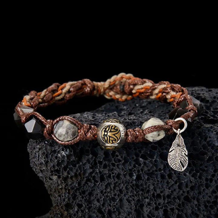 BWOOOH Retro 925 Sterling Silver Silver Sheen Obsidian Transport Rope Handmade Braided Bracelet - BWOOOH
