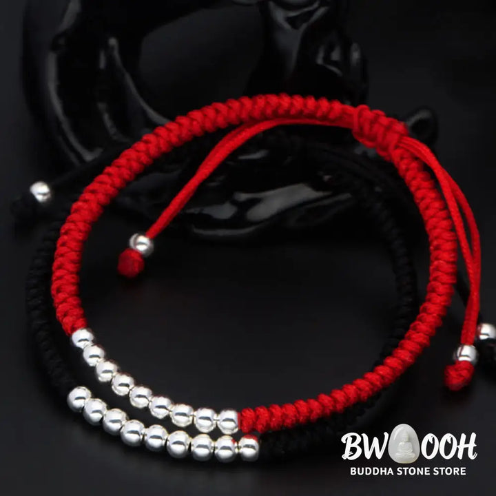 Buddha Stones Retro 925 Sterling Silver Simple Beads Knot Design Luck String Bracelet - Bracelet