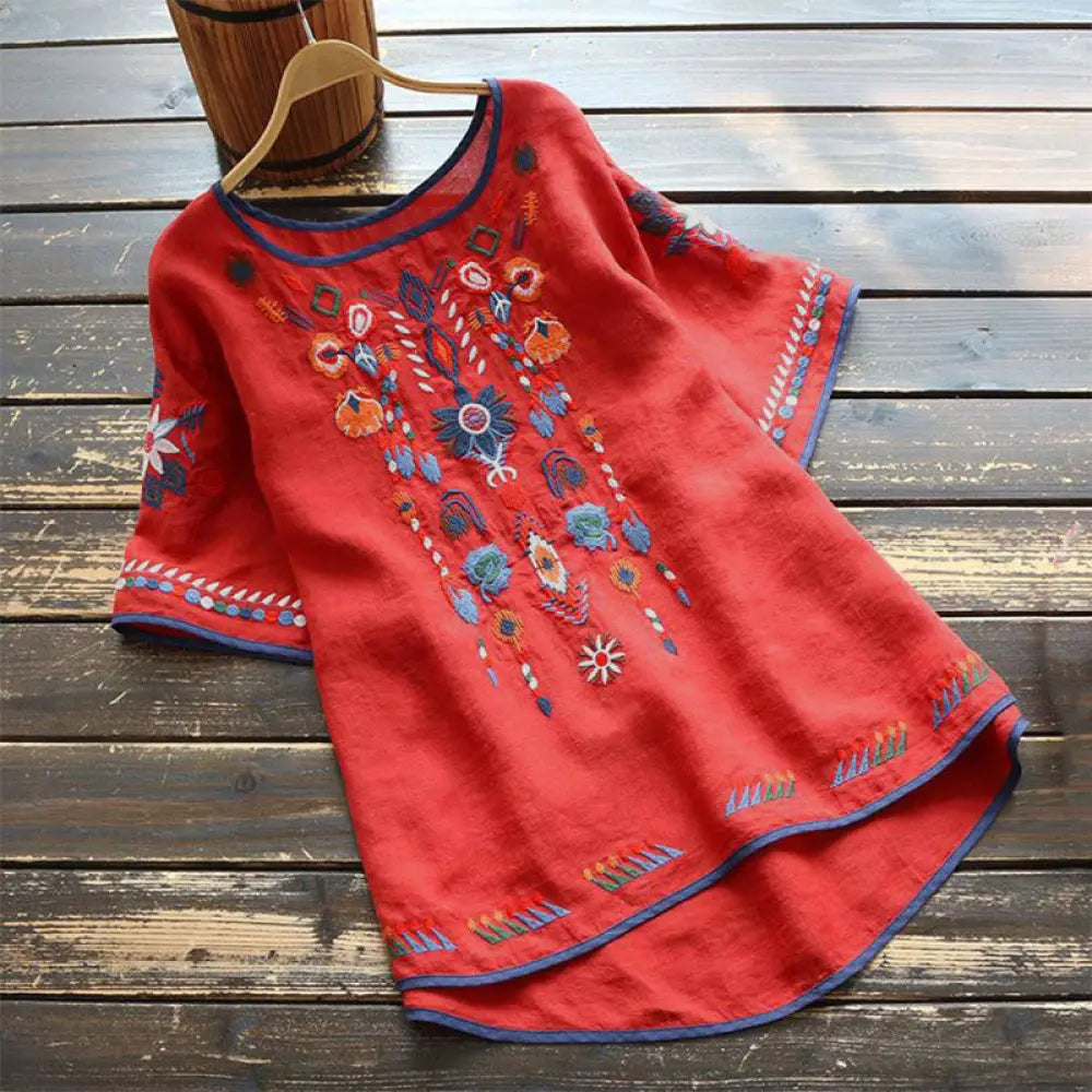 Buddha Stones Retro Artistic Embroidery Floral Pattern Crew Neck Women’s Cotton Linen Short Sleeve T-Shirt - Red