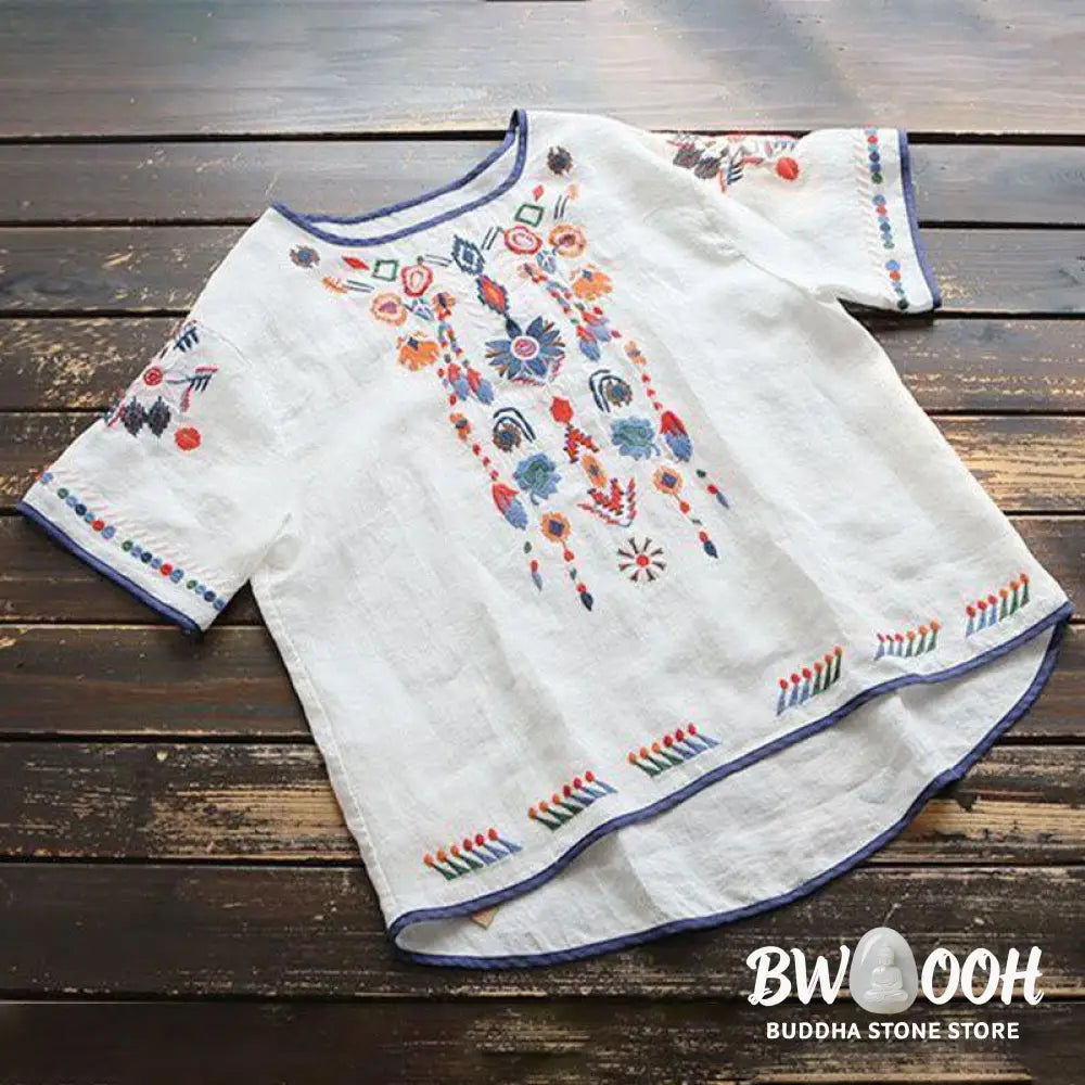Buddha Stones Retro Artistic Embroidery Floral Pattern Crew Neck Women’s Cotton Linen Short Sleeve T-Shirt - Women’s