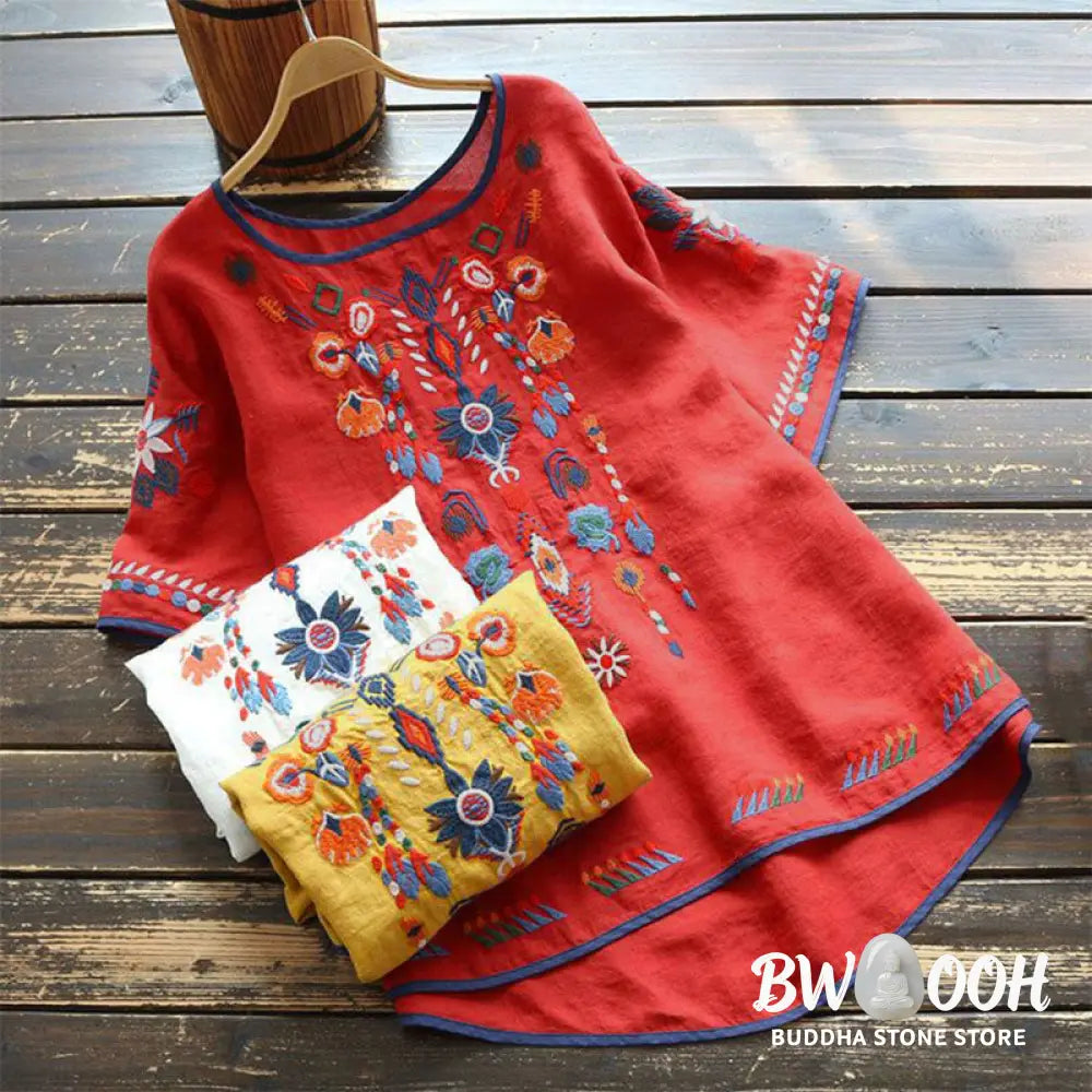 Buddha Stones Retro Artistic Embroidery Floral Pattern Crew Neck Women’s Cotton Linen Short Sleeve T-Shirt - Women’s