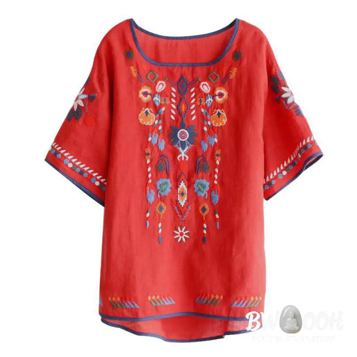 Buddha Stones Retro Artistic Embroidery Floral Pattern Crew Neck Women’s Cotton Linen Short Sleeve T-Shirt - Women’s