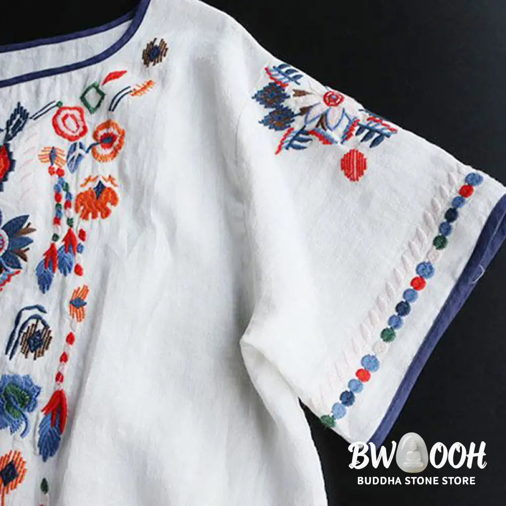 Buddha Stones Retro Artistic Embroidery Floral Pattern Crew Neck Women’s Cotton Linen Short Sleeve T-Shirt - Women’s