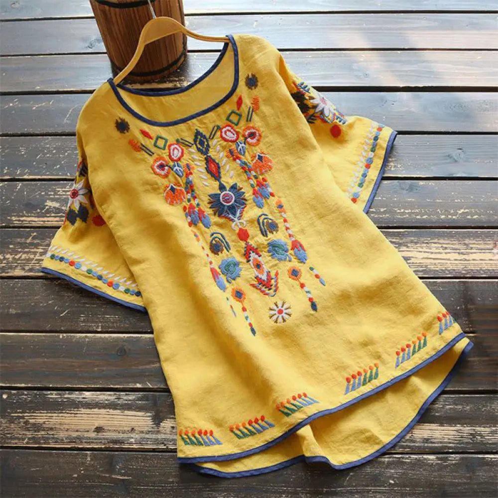 Buddha Stones Retro Artistic Embroidery Floral Pattern Crew Neck Women’s Cotton Linen Short Sleeve T-Shirt - Yellow