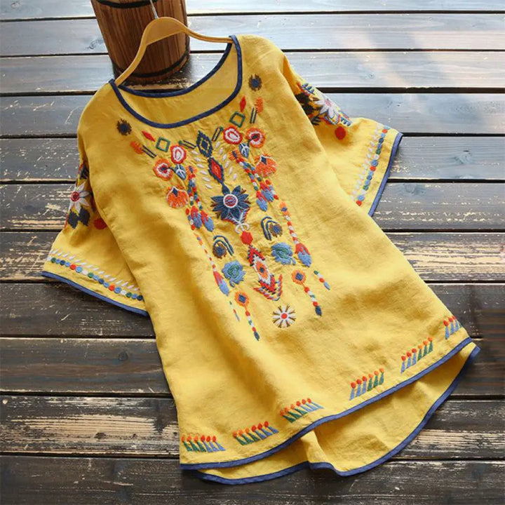 Buddha Stones Retro Artistic Embroidery Floral Pattern Crew Neck Women’s Cotton Linen Short Sleeve T-Shirt - Yellow