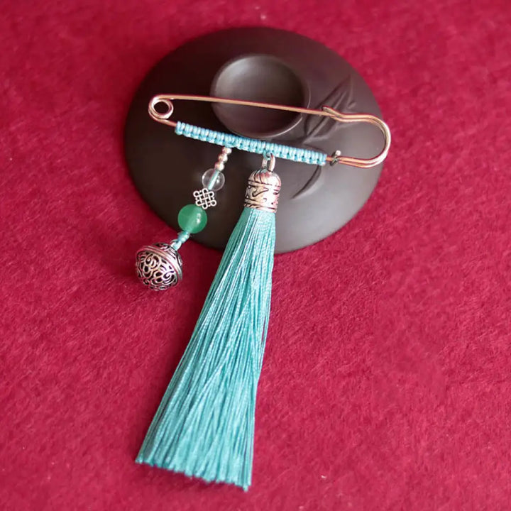 Buddha Stones Retro Bell Tassels Brooch - Cyan - Brooch