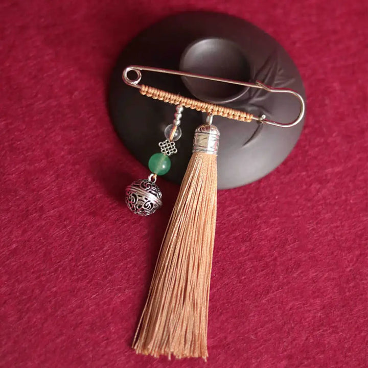 Buddha Stones Retro Bell Tassels Brooch - Khaki - Brooch