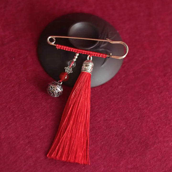 Buddha Stones Retro Bell Tassels Brooch - Red - Brooch