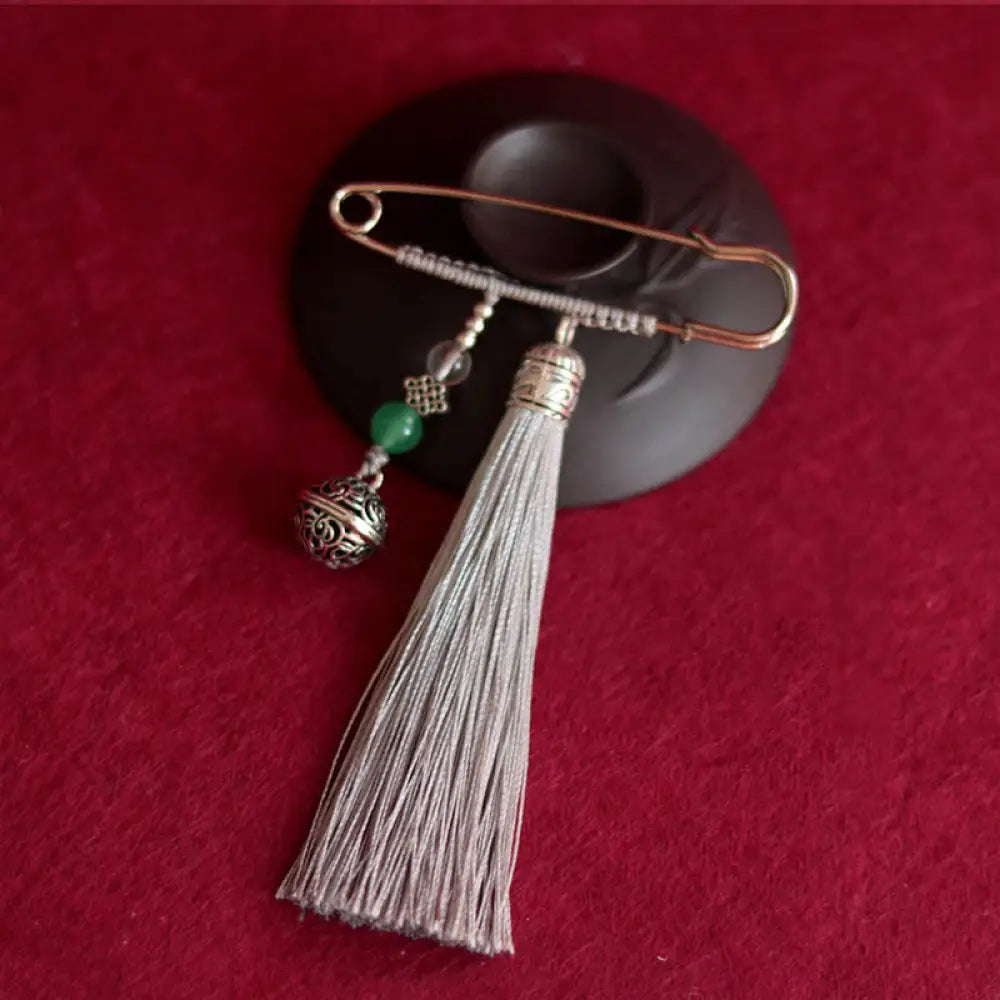 Buddha Stones Retro Bell Tassels Brooch - Silver Gray - Brooch