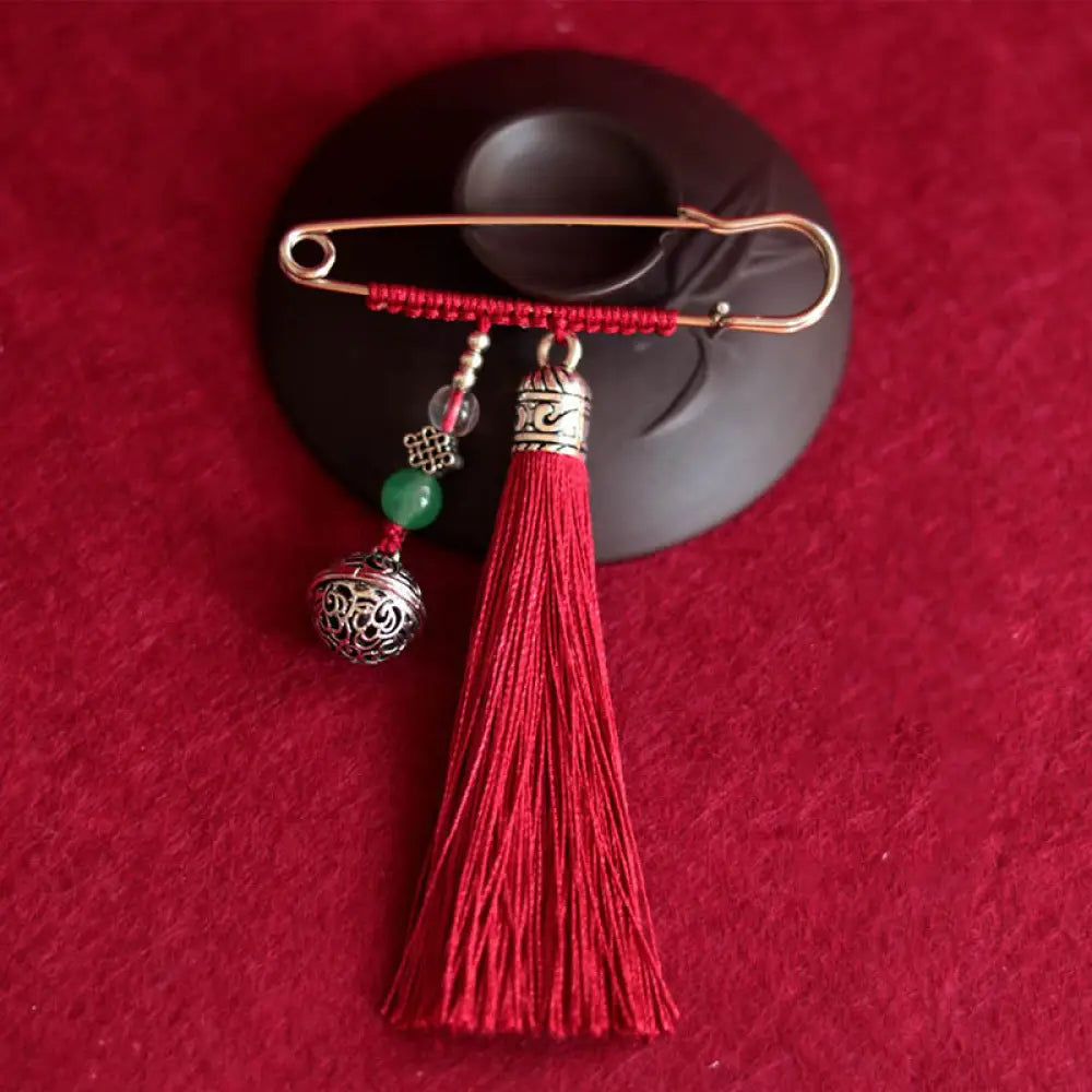 Buddha Stones Retro Bell Tassels Brooch - Wine Red - Brooch