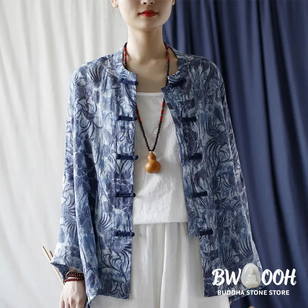 Buddha Stones Retro Blue White Flowers Frog-Button Design Long Sleeve Ramie Linen Jacket Shirt