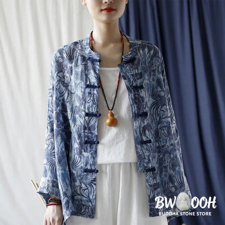 Buddha Stones Retro Blue White Flowers Frog-Button Design Long Sleeve Ramie Linen Jacket Shirt