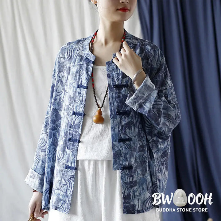 Buddha Stones Retro Blue White Flowers Frog-Button Design Long Sleeve Ramie Linen Jacket Shirt