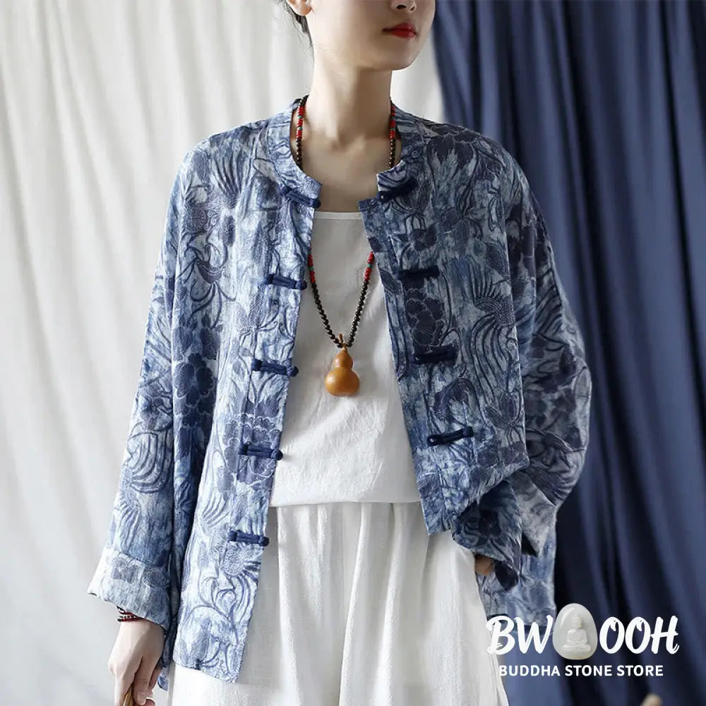 Buddha Stones Retro Blue White Flowers Frog-Button Design Long Sleeve Ramie Linen Jacket Shirt