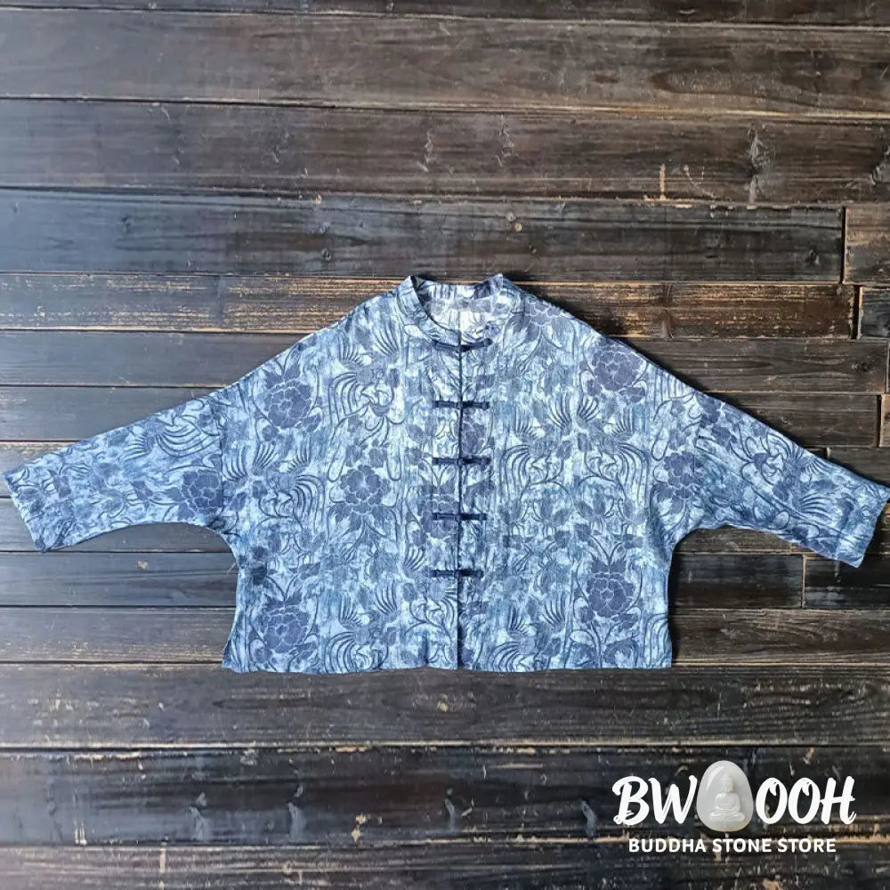 Buddha Stones Retro Blue White Flowers Frog-Button Design Long Sleeve Ramie Linen Jacket Shirt