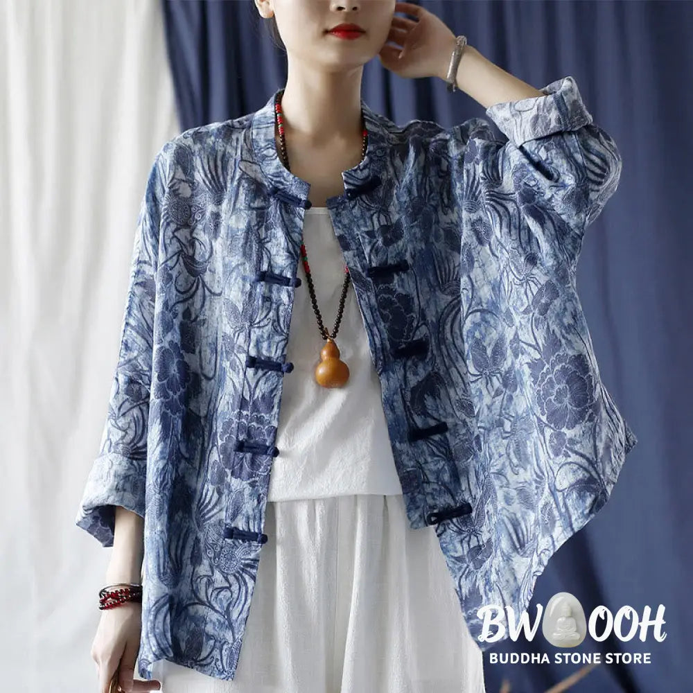 Buddha Stones Retro Blue White Flowers Frog-Button Design Long Sleeve Ramie Linen Jacket Shirt