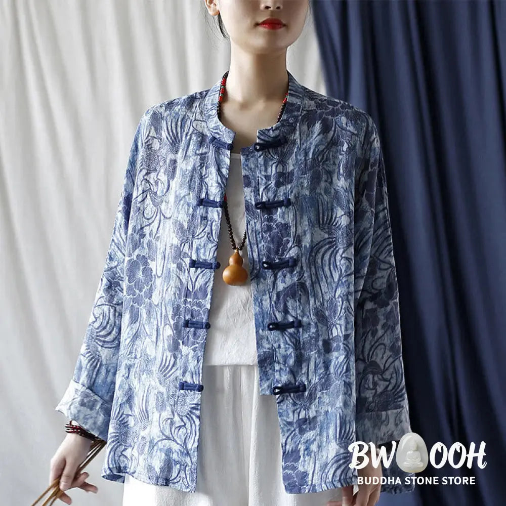 Buddha Stones Retro Blue White Flowers Frog-Button Design Long Sleeve Ramie Linen Jacket Shirt