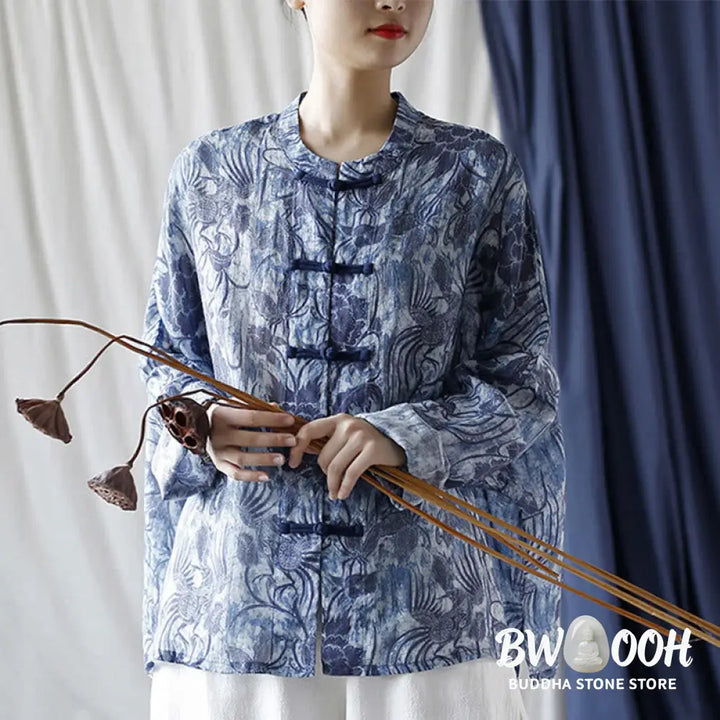 Buddha Stones Retro Blue White Flowers Frog-Button Design Long Sleeve Ramie Linen Jacket Shirt