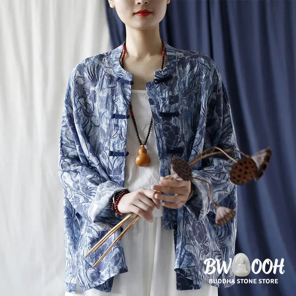 Buddha Stones Retro Blue White Flowers Frog-Button Design Long Sleeve Ramie Linen Jacket Shirt