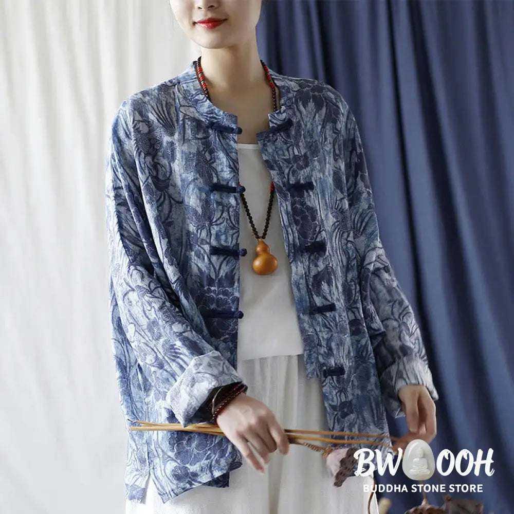 Buddha Stones Retro Blue White Flowers Frog-Button Design Long Sleeve Ramie Linen Jacket Shirt