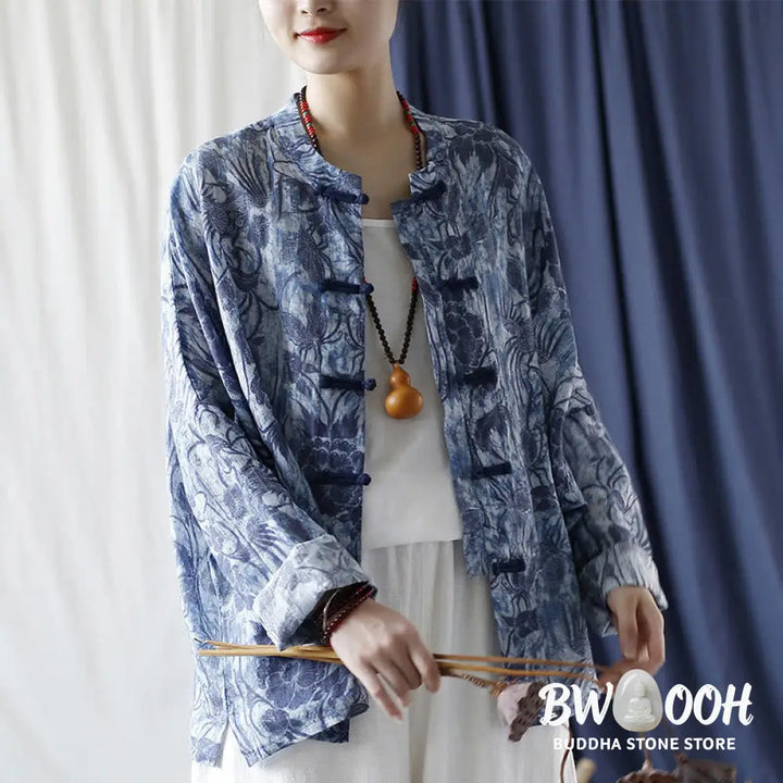 Buddha Stones Retro Blue White Flowers Frog-Button Design Long Sleeve Ramie Linen Jacket Shirt
