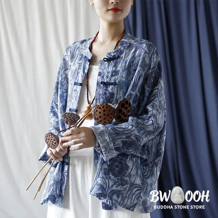 Buddha Stones Retro Blue White Flowers Frog-Button Design Long Sleeve Ramie Linen Jacket Shirt