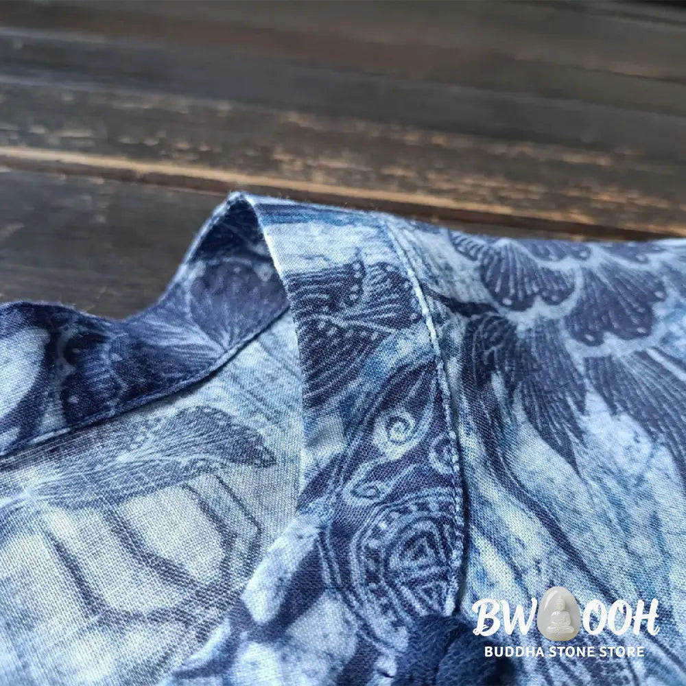 Buddha Stones Retro Blue White Flowers Frog-Button Design Long Sleeve Ramie Linen Jacket Shirt