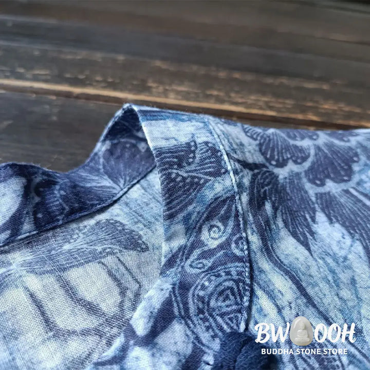 Buddha Stones Retro Blue White Flowers Frog-Button Design Long Sleeve Ramie Linen Jacket Shirt