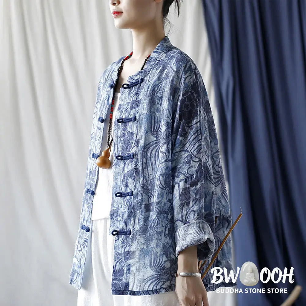 Buddha Stones Retro Blue White Flowers Frog-Button Design Long Sleeve Ramie Linen Jacket Shirt