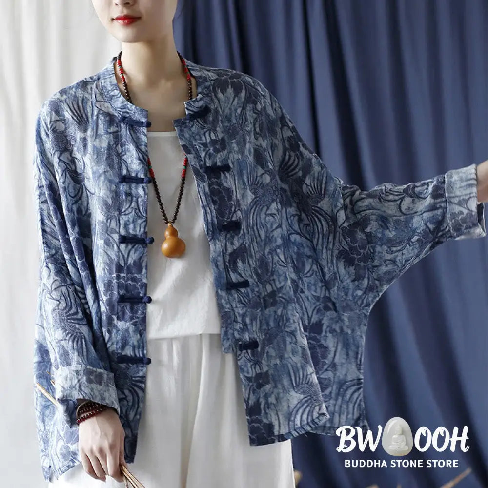Buddha Stones Retro Blue White Flowers Frog-Button Design Long Sleeve Ramie Linen Jacket Shirt