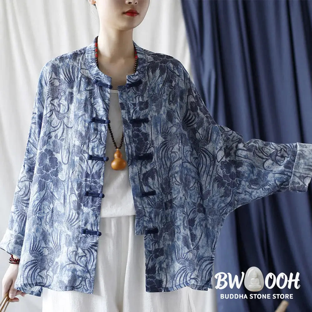 Buddha Stones Retro Blue White Flowers Frog-Button Design Long Sleeve Ramie Linen Jacket Shirt