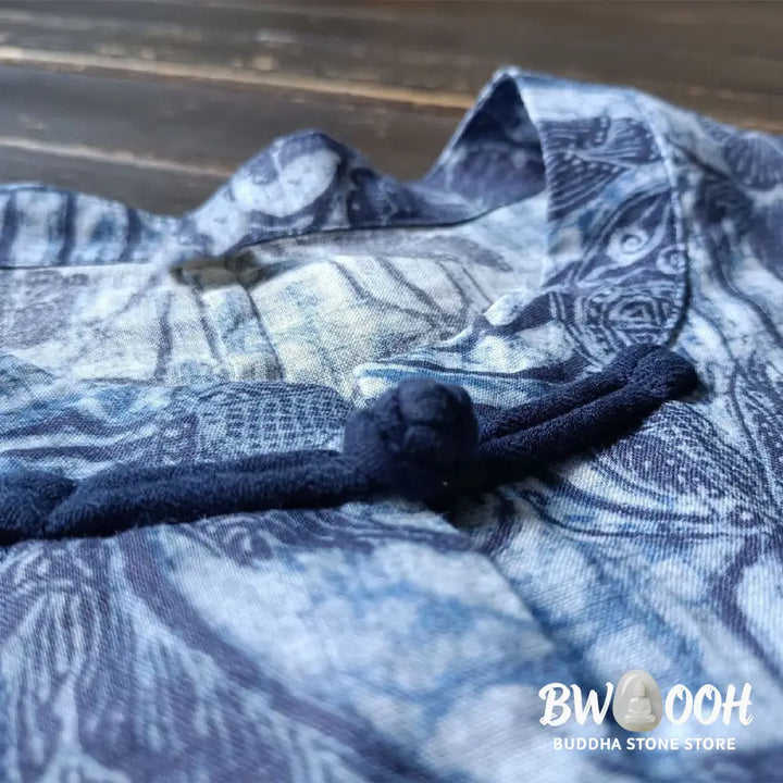 Buddha Stones Retro Blue White Flowers Frog-Button Design Long Sleeve Ramie Linen Jacket Shirt