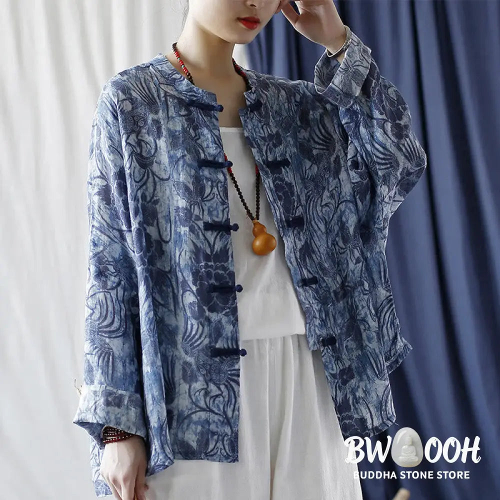 Buddha Stones Retro Blue White Flowers Frog-Button Design Long Sleeve Ramie Linen Jacket Shirt