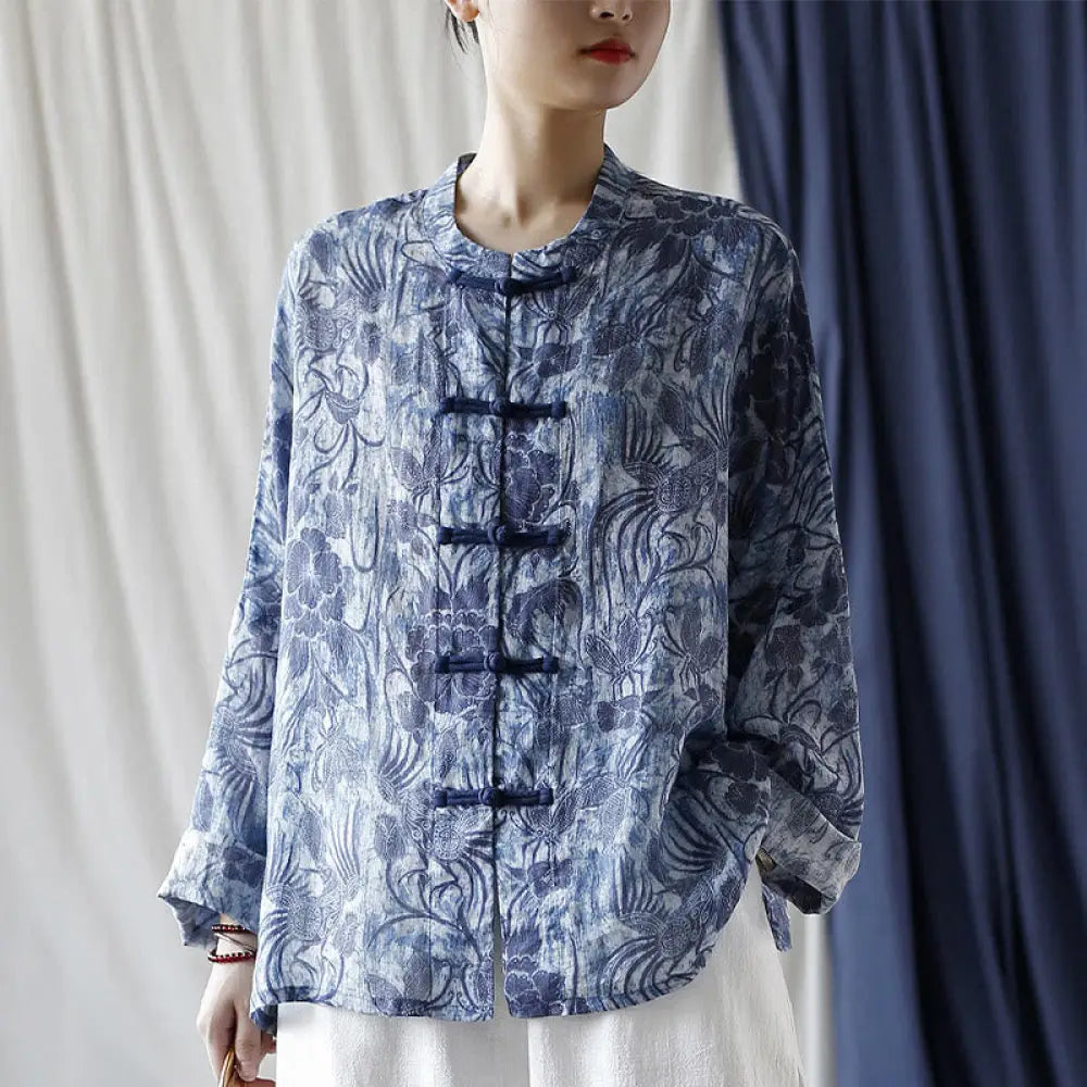 BWOOOH Retro Blue White Flowers Frog-Button Design Long S